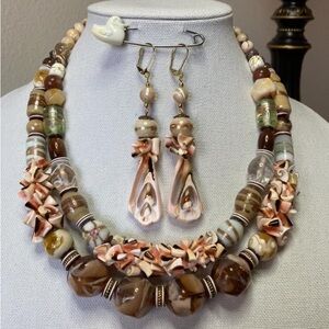 Elegant Brown and Cream Beaded Necklace and Earring Set